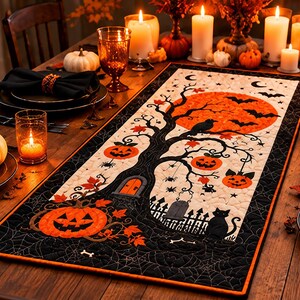 Halloween-duklöpare-quiltmönster PDF, applikationsmönster för läskigt träd, pumpaduklöpare, Halloween-sömnadsmönster, höstduksdekorationer