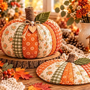 May include: A fabric pumpkin with a textured brown stem and a green leaf, featuring alternating panels of orange floral, green plaid, and white daisy patterns. A small wooden heart charm hangs from a jute twine bow at the top center.