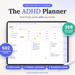 ADHD Digital Planner Undated GoodNotes, Dark Mode, 368 Stickers, Brain Dump, Dopamine Menu, Habit Tracker, Fillable Printable iPad