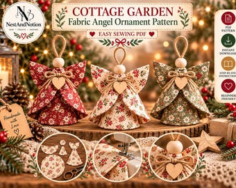 Patroon voor een stoffen engeltje als kerstversiering (PDF), naaipatroon voor kerst, stoffen engeltjes in cottagecore-stijl, doe-het-zelf rustieke kerstboomversiering