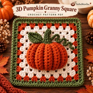 Patrón de ganchillo cuadrado de calabaza de la abuela, motivo de calabaza otoñal en 3D, descarga en PDF de nivel intermedio.