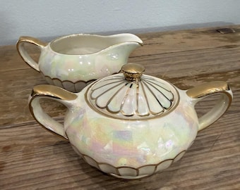 Vintage Sadler 2357 Pearl Lustre Creamer and Sugar Bowl Set Gold Trim Art Deco
