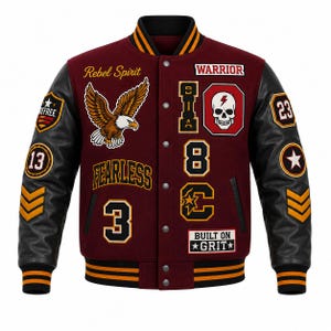 Könnte beinhalten: Eine kastanienbraune Collegejacke mit schwarzen Ärmeln, verziert mit verschiedenen Aufnähern wie einem Adler, einem Totenkopf, den Schriftzügen Rebel Spirit, Warrior, Fearless und Built on Grit, den Zahlen 3, 8, 13 und 23 sowie orange-schwarz gestreiften Bündchen.