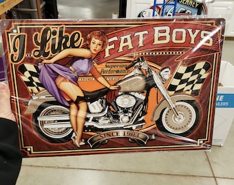 Vintage Style Metal Sign Pinup Fatboy Harley 12&quot; x 18&quot;