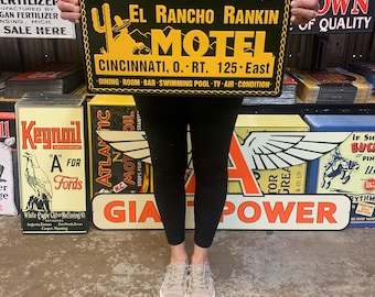 Vintage Antique Style Metal Sign Embossed Steel El Rancho Motel Cincinnati Made in USA