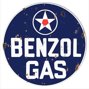 VINTAGE ANTIQUE Style Metal Sign Benzol Motor Oil Gas 24&quot; Round