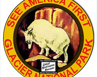 VINTAGE ANTIQUE Style Metal Sign Glacier Nation Park Railway 24" Round