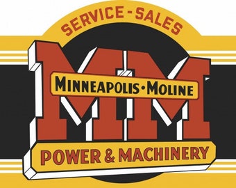Könnte beinhalten: Ein Vintage-Logo für Minneapolis-Moline Power & Machinery. Das Logo zeigt die Buchstaben "MM" in einem kräftigen, rot-weißen Design, mit "Minneapolis-Moline" in einem gelben Banner. Die Wörter "SERVICE-SALES" und "POWER & MACHINERY" sind ebenfalls enthalten.