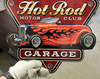 Vintage Style Metal Sign Hot Rod Garage 13" x 15.5"
