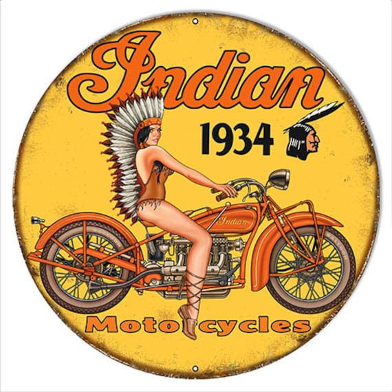 VINTAGE ANTIQUE Style Metal Sign Indian Motorcyle Pinup 24