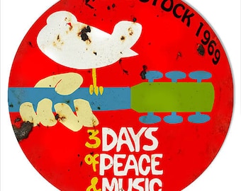 VINTAGE ANTIQUE Style Metal Sign Woodstock 1969 24" Round