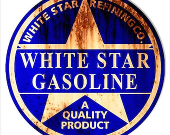 VINTAGE ANTIQUE Style Metal Sign White Star Gasoline 24" Round