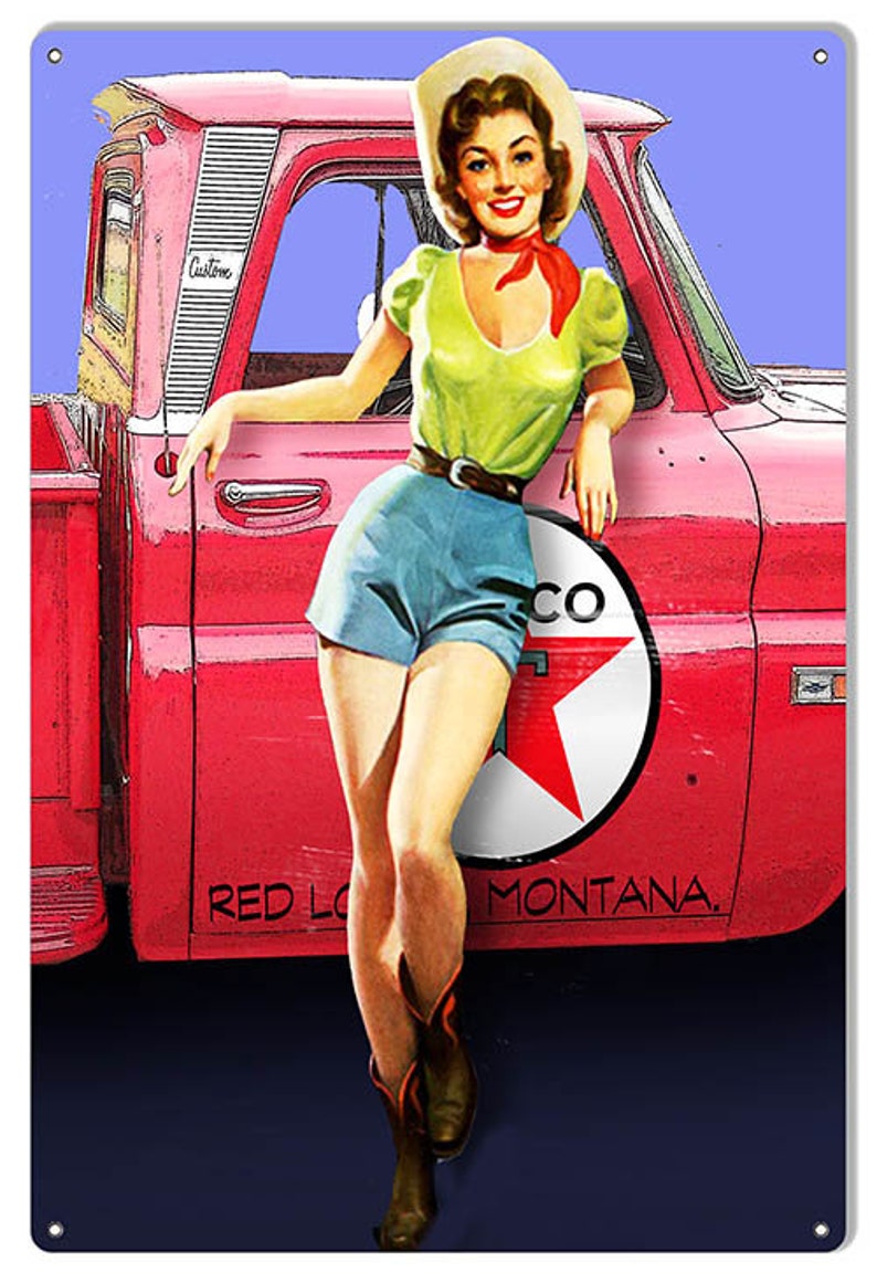 Vintage Antique Style Metal Sign Texaco Red Truck Pinup Girl Etsy