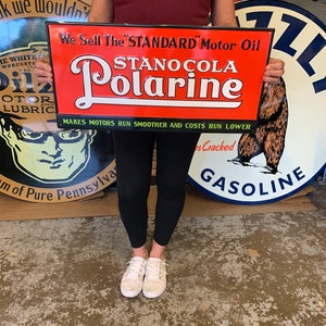 Vintage Antique Style Sign Embossed Steel Stanocola Polarine Motor Oil MADE IN USA