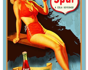 VINTAGE ANTIQUE Style Metal Sign Spur Cola Pinup Girl 12x18