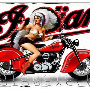 VINTAGE ANTIQUE Style Metal Sign Indian Motorcycle Pinup Girl 12x18