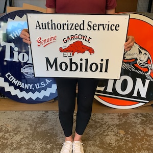 Vintage Antique Style Sign Embossed Steel Mobiloil Gargoyle Service MADE IN USA