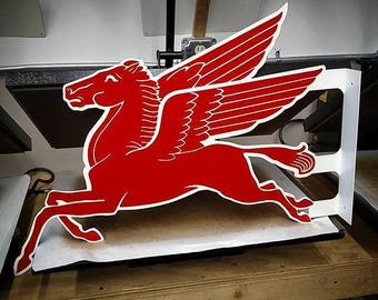 Vintage Style Sign Steel Double Sided Flange Mobil Flying Pegasus