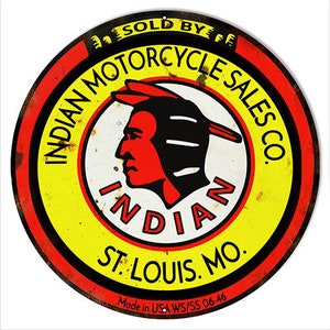VINTAGE ANTIQUE Style Metal Sign Indian Motorcycles Sales 24&quot; Round