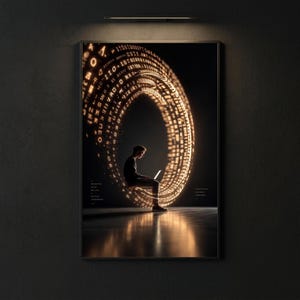 May include: A framed wall art print featuring a silhouette of a person sitting and using a laptop. A large, glowing, circular vortex of golden digital code and numbers surrounds the figure against a dark background. Small text is visible.