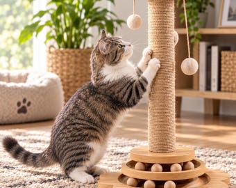 Cat Scratching Post, Modern Wooden Cat Scratcher, Interactive Cat Furniture, Indoor Cat Toy, Sisal Scratch Tower, Cat Lover Gift