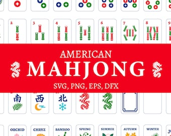 May include: A digital collection of American Mahjong tiles featuring numbered dots, bamboo sticks, directional characters, dragons, and seasonal illustrations. A central red banner displays the text AMERICAN MAHJONG SVG, PNG, EPS, DFX.