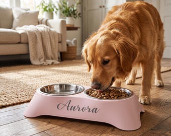 Custom Dog Feeder, Double Pet Feeder with Stainless Steel Bowls. Dual bowl Pet Feeder