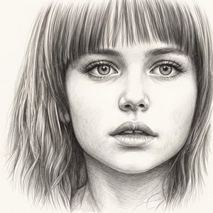 Può includere: Un dettagliato disegno a matita di grafite di una persona con capelli alle spalle e frangetta dritta. Il ritratto presenta sfumature fini, che mettono in risalto la consistenza dei capelli, la profondità degli occhi e i contorni del viso.