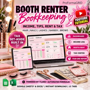 May include: A digital bookkeeping spreadsheet for booth renters, featuring a laptop and tablet displaying financial dashboards. Text includes BOOTH RENTER BOOKKEEPING, INCOME, TIPS, RENT & TAX, and YOUTUBE TUTORIAL. Includes icons for dashboard, income, rent, tax, and reports.