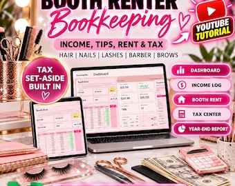 Booth Renter Bookkeeping, Income, Tips, Rent, Tax Tracker (Excel/Google Sheets)