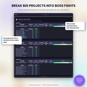 Boss Battles tab breaking big projects into HP bars and sub-steps, a gamified project tracker in this ADHD Google Sheets and Excel planner.