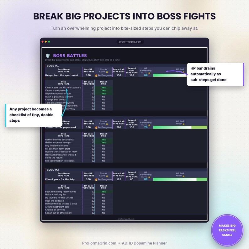 Boss Battles tab breaking big projects into HP bars and sub-steps, a gamified project tracker in this ADHD Google Sheets and Excel planner.
