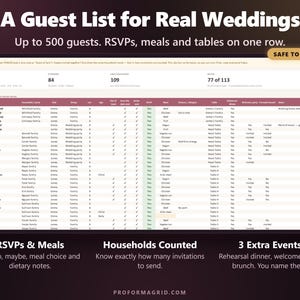 Wedding guest list tracker with household, side, group, RSVP, meal choice, dietary notes, table and extra event columns.