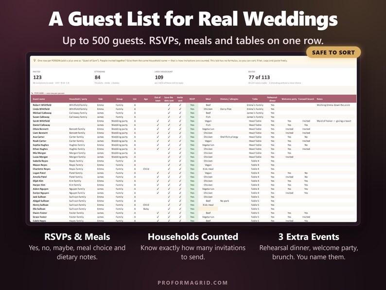 Wedding guest list tracker with household, side, group, RSVP, meal choice, dietary notes, table and extra event columns.