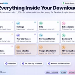 What's inside the bill tracker download: 9 tabs, a native Excel* .xlsx file, a Google Sheets* copy link PDF and PDF instructions, with 1,000+ formulas.