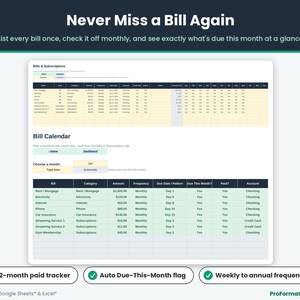 Bills & Subscriptions tracker with a 12-month paid checklist stacked above the Bill Calendar tab, which highlights every bill due in the selected month in green