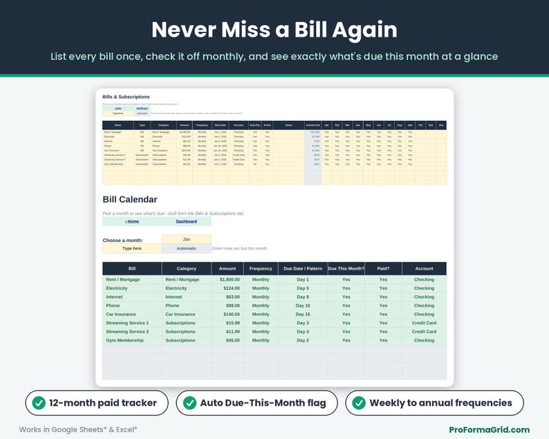 Bills & Subscriptions tracker with a 12-month paid checklist stacked above the Bill Calendar tab, which highlights every bill due in the selected month in green