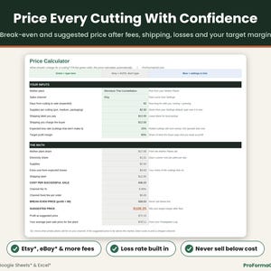 Plant cutting price calculator showing break-even and suggested price after Etsy* and eBay* fees, shipping, expected losses and target profit margin.