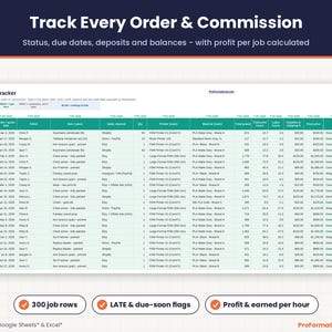 Job Tracker tab for 3D print and cosplay orders with clients, sales channels, printers, materials, grams, print hours, labor hours and final price.