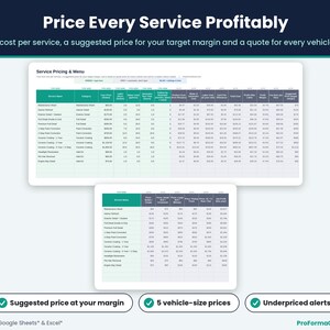 Auto detailing pricing calculator showing true cost per service, profit margin, suggested price at your target margin and ready-to-quote prices for five vehicle sizes.