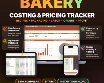 Bakery Costing & Pricing Tracker, Recipe Scaling, Order Management (Excel/Google Sheets)