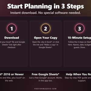 How it works in 3 steps: download, open your copy in Excel or Google Sheets, and finish the 15-minute setup.