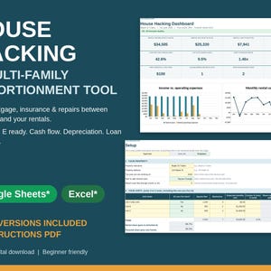House Hacking Spreadsheet | Duplex Triplex Rental Property Tracker | Schedule E Expense Split, Cash Flow, Depreciation | Sheets* Excel*
