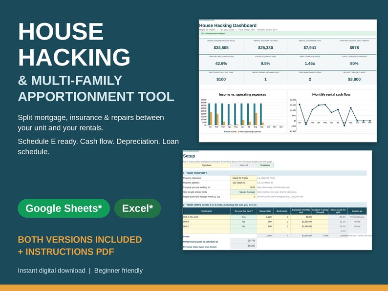 House Hacking and Multi-Family Apportionment Tool spreadsheet template for duplex, triplex and fourplex owners, includes Google Sheets and Excel versions plus instructions PDF