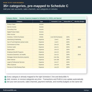 Settings tab showing the full list of income and expense categories pre-mapped to Schedule C tax lines, editable in one place for the whole workbook