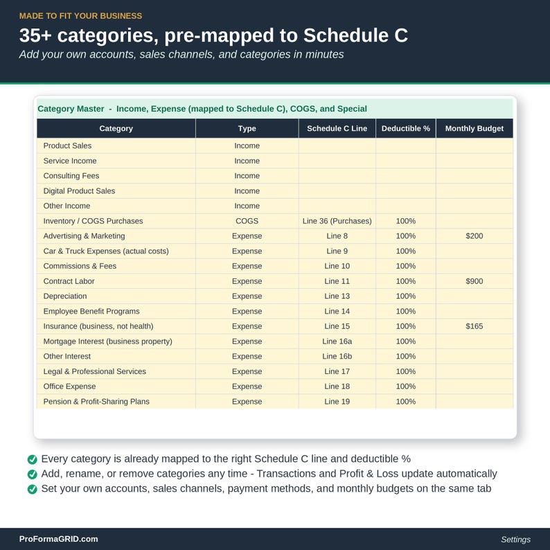 Settings tab showing the full list of income and expense categories pre-mapped to Schedule C tax lines, editable in one place for the whole workbook