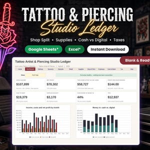 Tattoo and piercing studio ledger spreadsheet for Google Sheets and Excel with shop split, supplies, cash versus digital payments and tax tracking dashboard