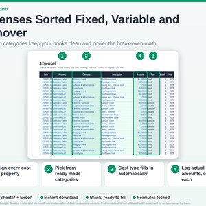 Expenses tab sorting fixed and variable costs with property and category dropdowns in a short term rental bookkeeping template.