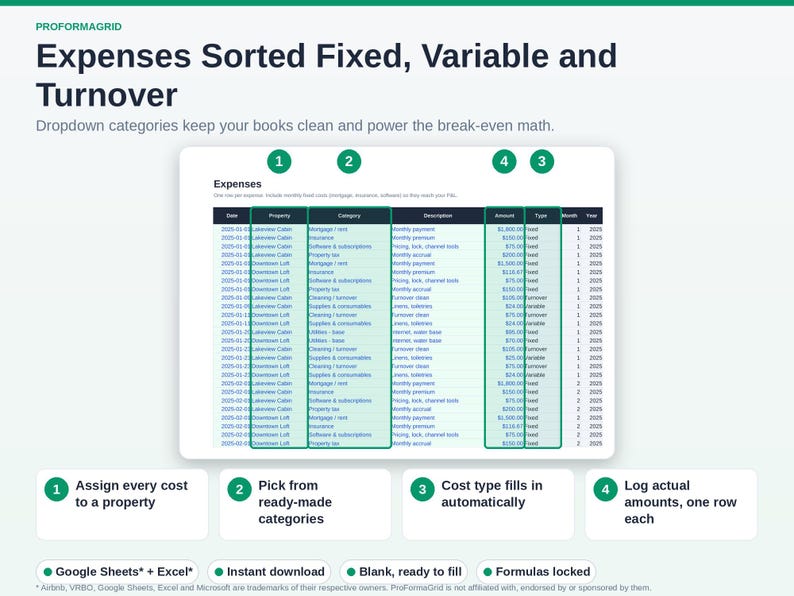 Expenses tab sorting fixed and variable costs with property and category dropdowns in a short term rental bookkeeping template.