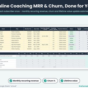 Online coaching subscriber log calculating monthly recurring revenue MRR, churn rate, and client lifetime value for fitness businesses.